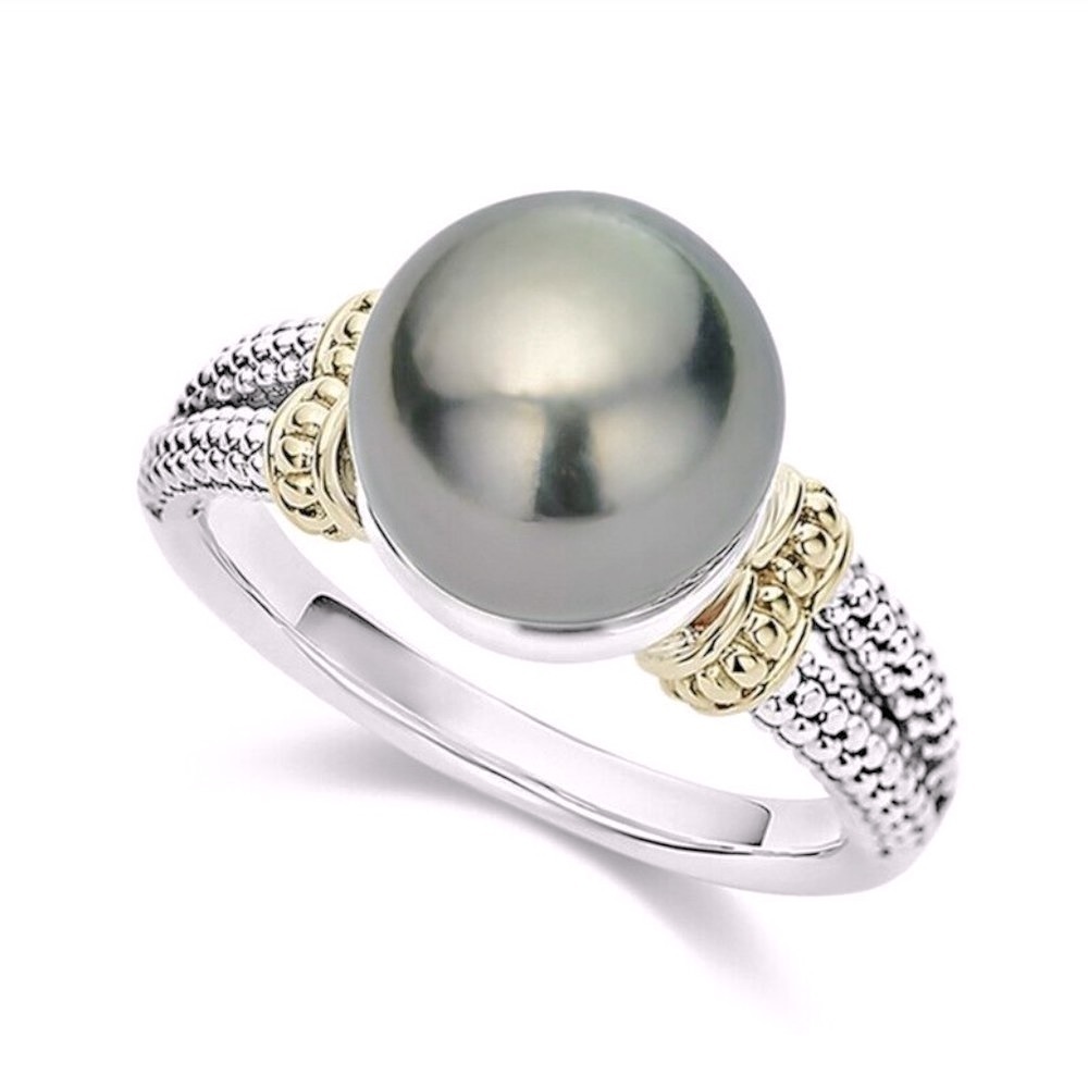 New Beautiful Two-Tone Gold/925 Silver Cultured Black Pearl Ring - Picture 2 of 5
